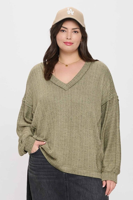 PLUS STRIPED DROP SHOULDER V NECK KNIT TOP