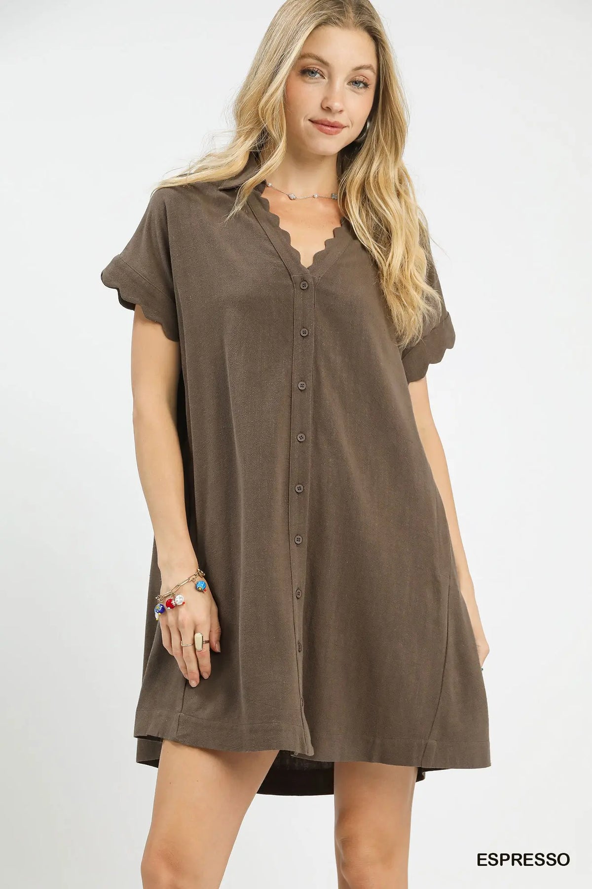 Linen Blend Scalloped Mini Dress