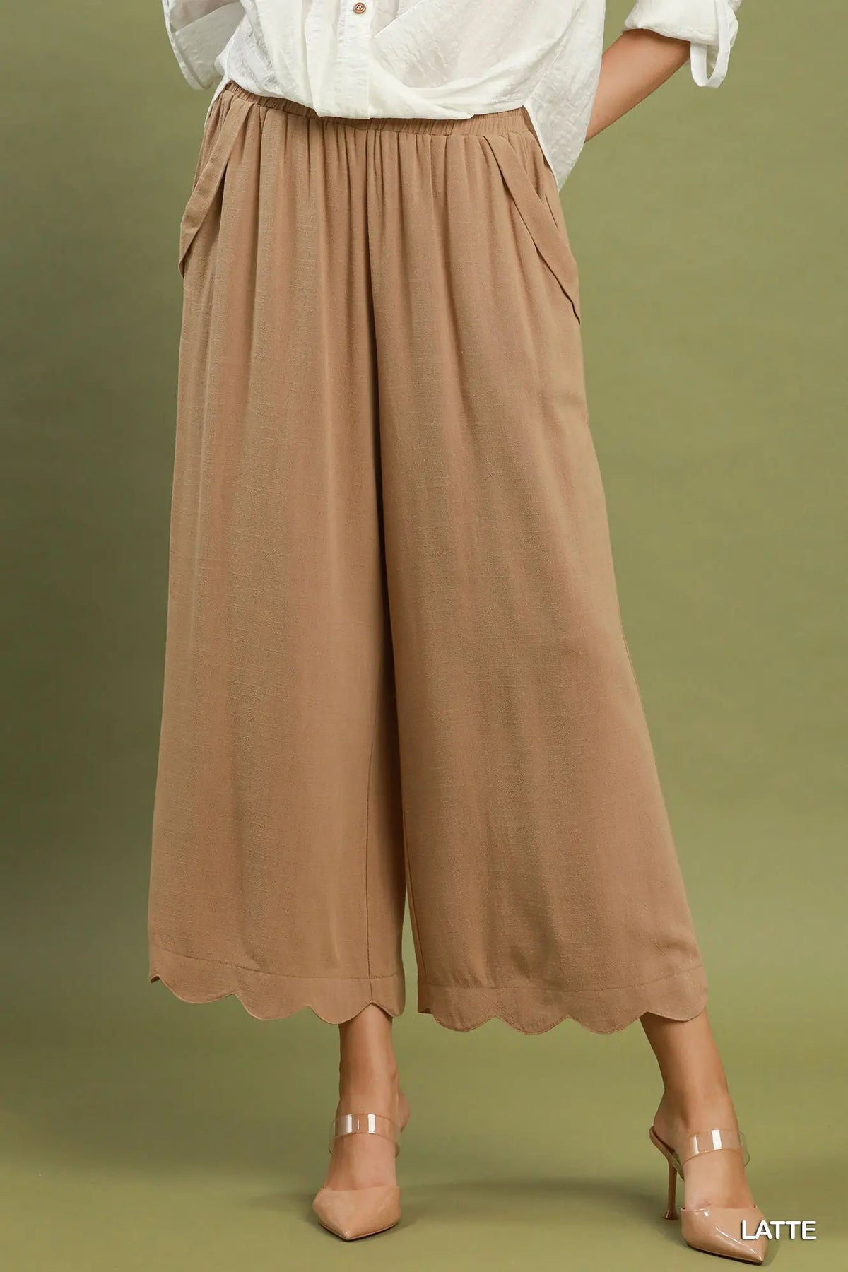 Linen Blend Scallop Hem Wide Leg Pants