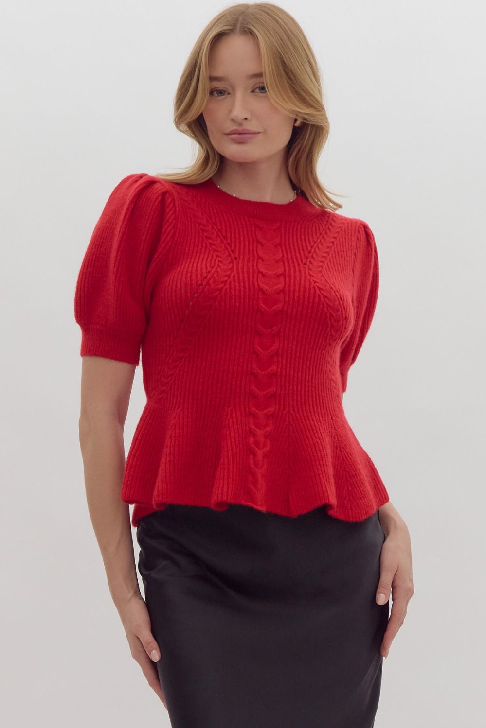 Cable knit short sleeve peplum top