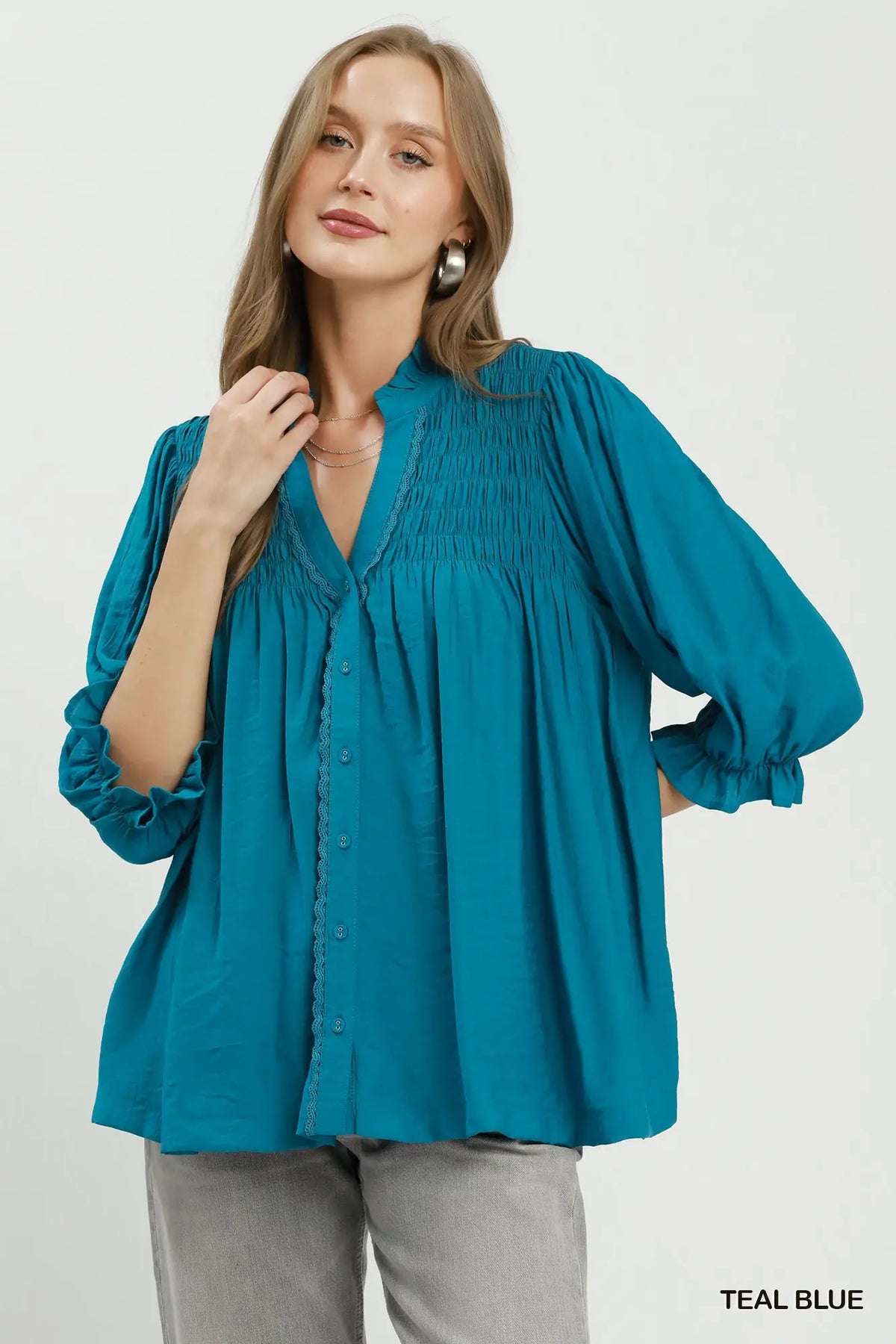 Smocked Yoke Button Front Blouse