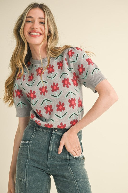 SHORT SLEEVE FLORAL KNIT SWEATER