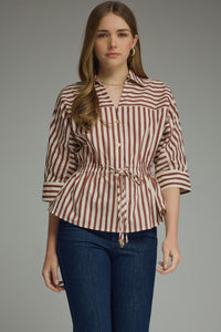 Stripe ¾ sleeve top featuring a V-neck