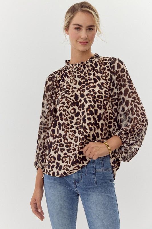 Leopard Print Chiffon Long Sleeves Top