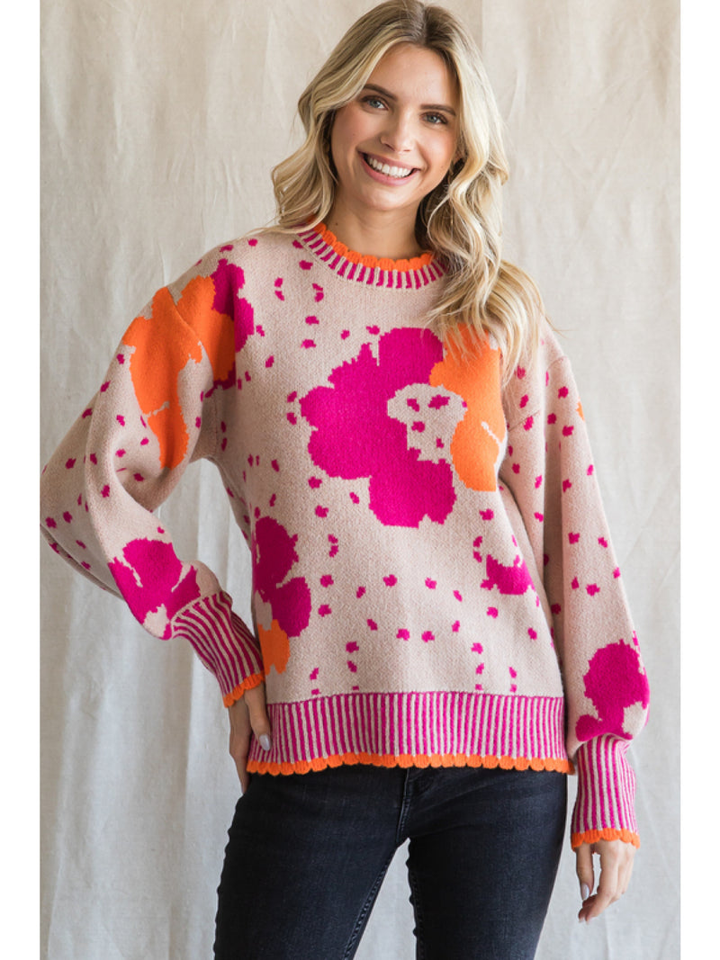 Mixed print knit pullover with scalloped neck