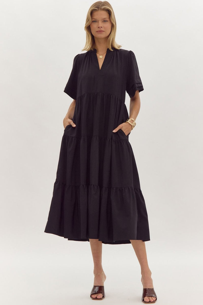 Solid v-neck short sleeve tiered midi dress