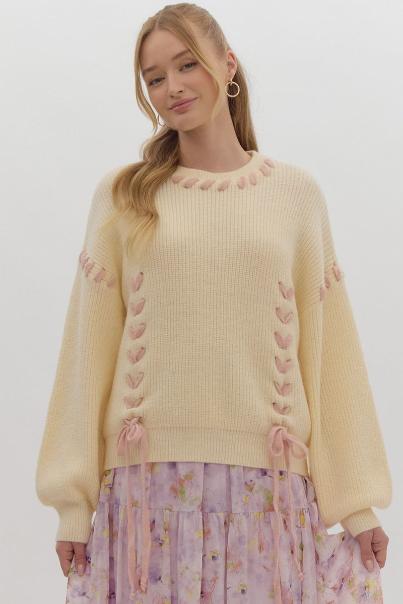 Solid round neck long sleeve knit sweater