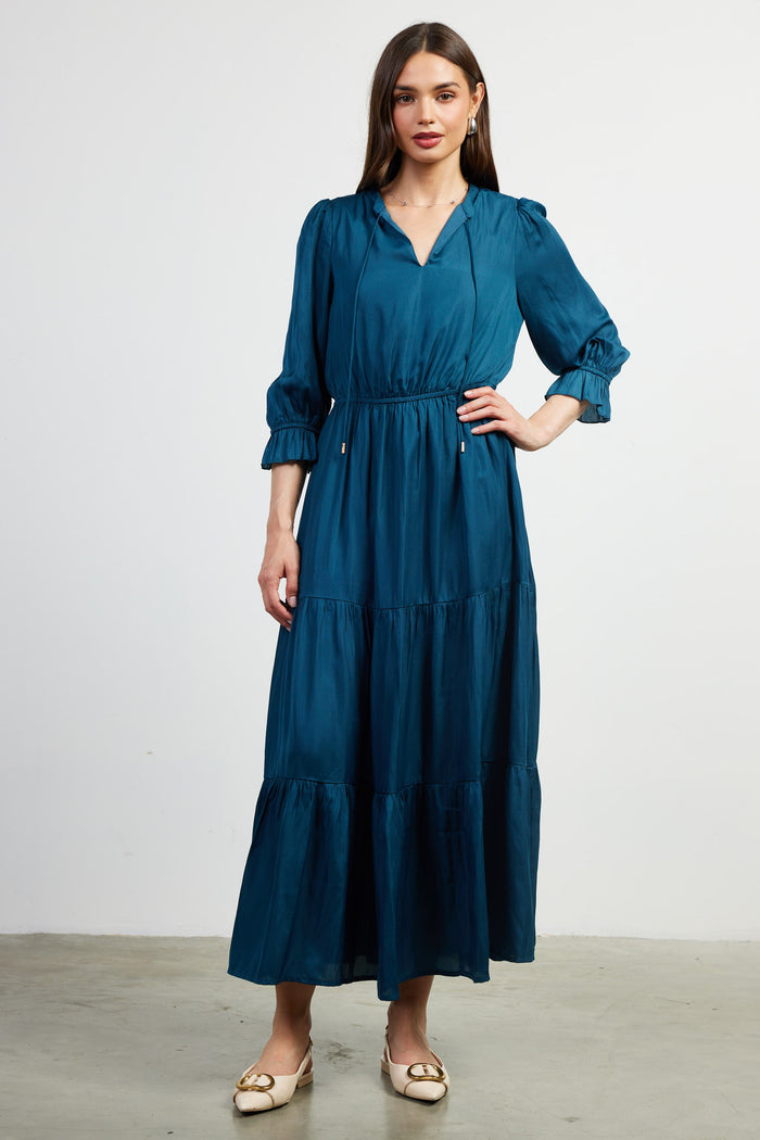 LONG SLEEVE SPLIT NECK RUFFLE TIERED MAXI DRESS