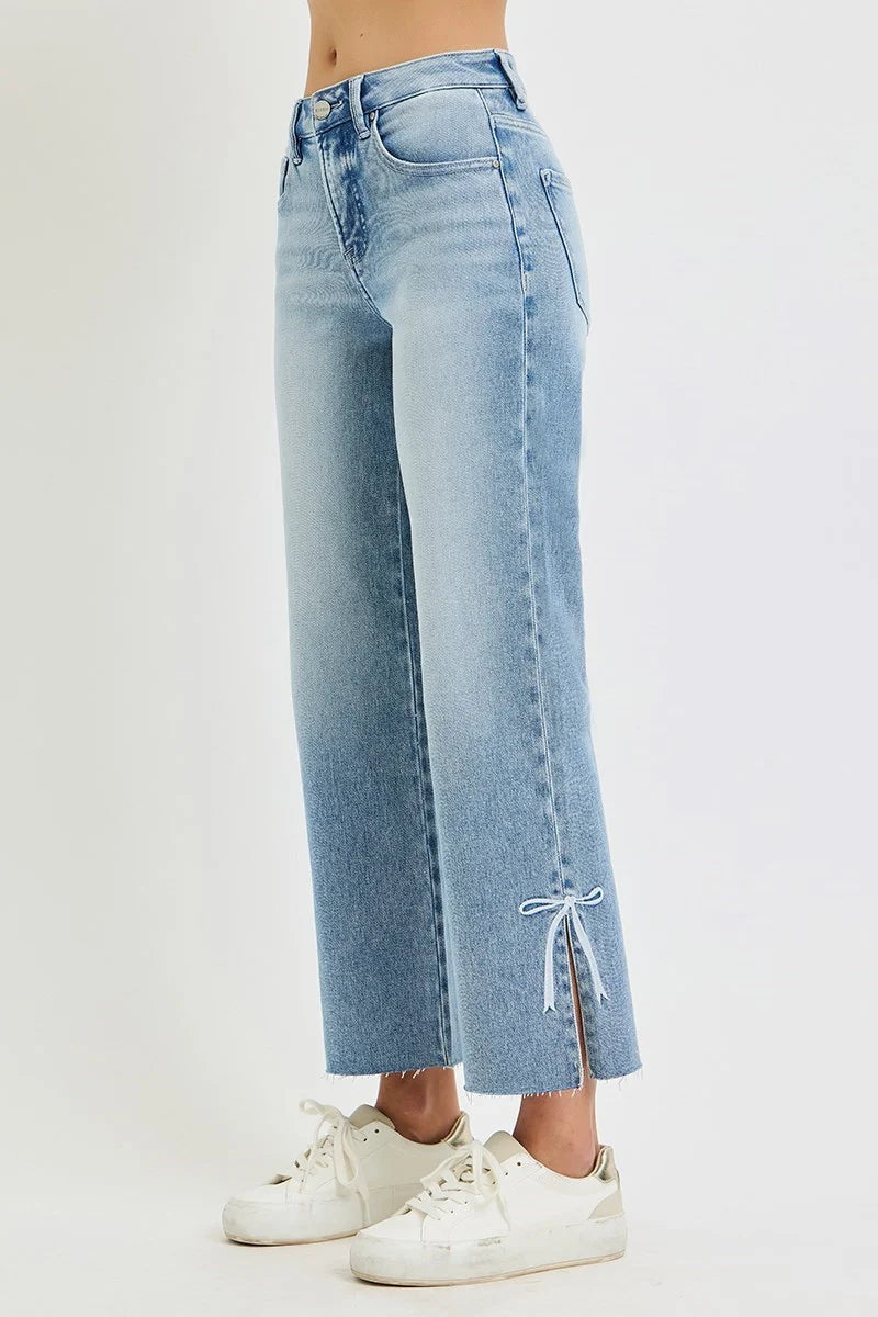 Risen TC HR Crop Straight Side Slit and Ribbon Embroidery Jeans