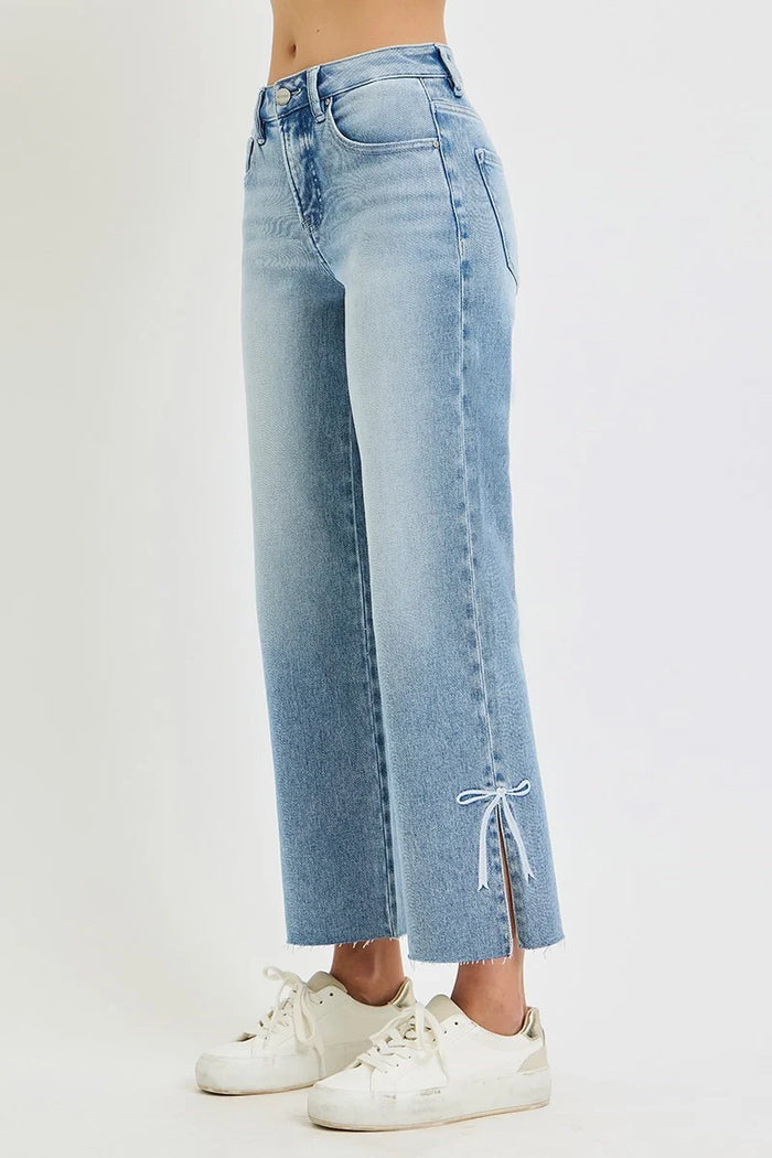 Risen TC HR Crop Straight Side Slit and Ribbon Embroidery Jeans
