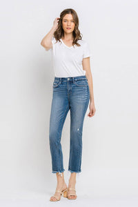 VERVET HIGH RISE UNEVEN RAW HEM CROP SLIM STRAIGHT JEANS