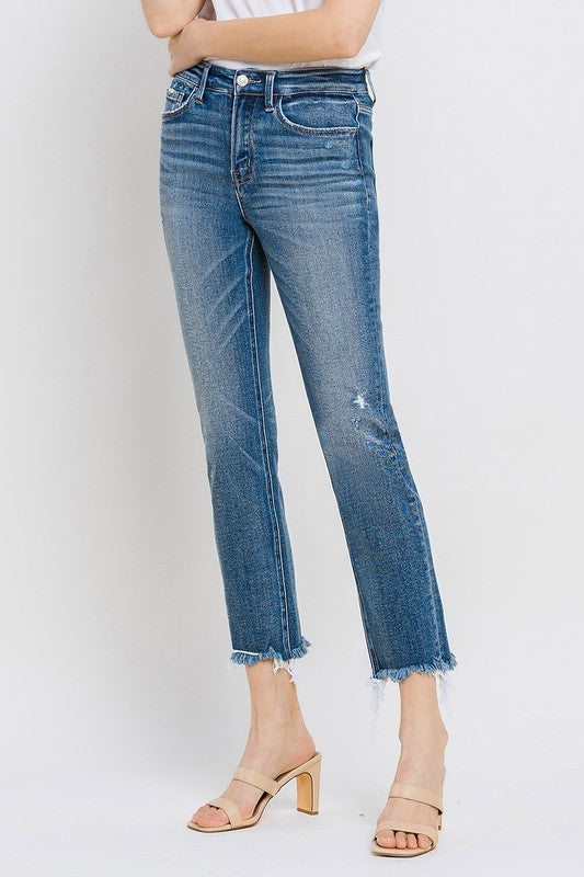 VERVET HIGH RISE UNEVEN RAW HEM CROP SLIM STRAIGHT JEANS