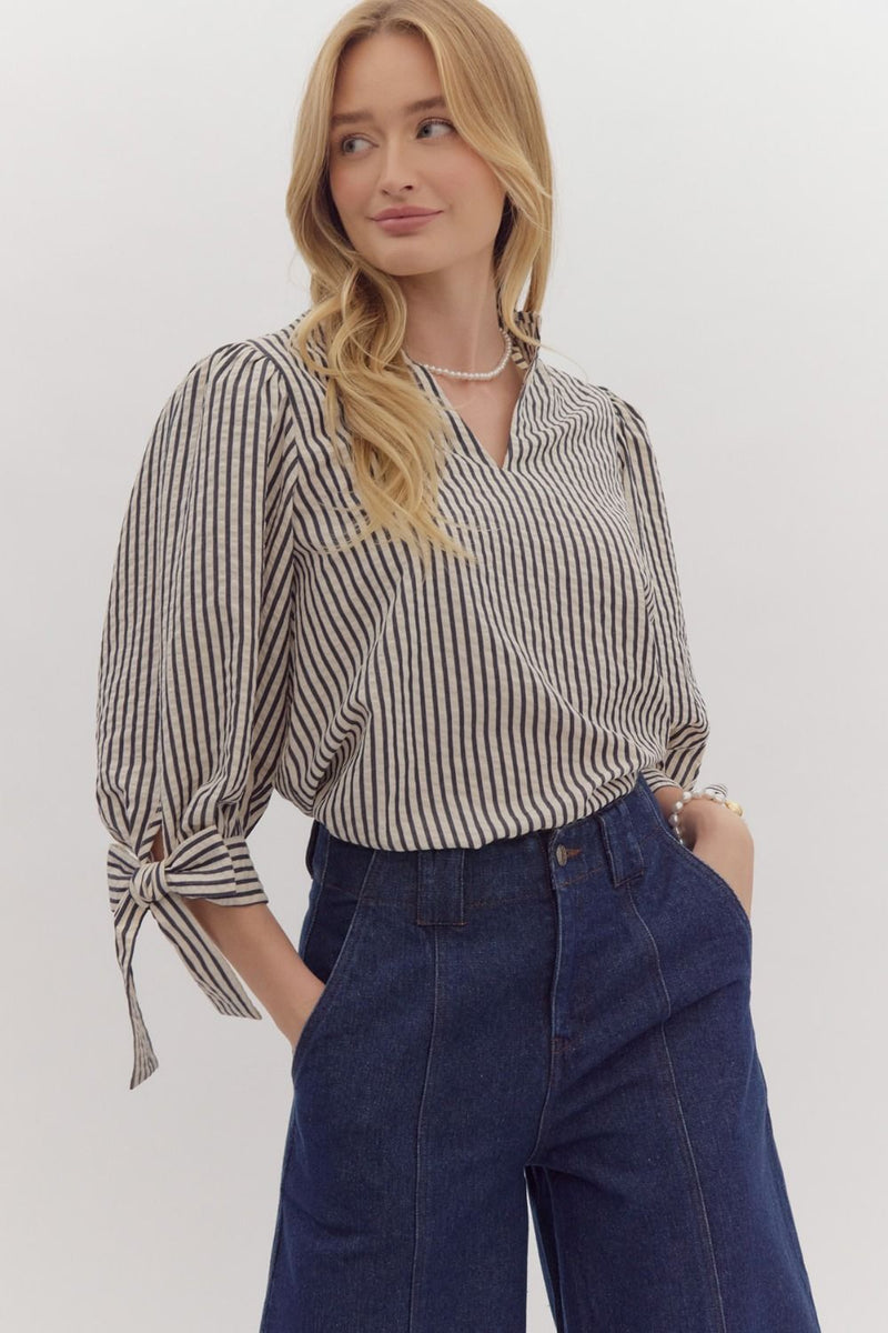 Stripe print 3/4 sleeve v neck top