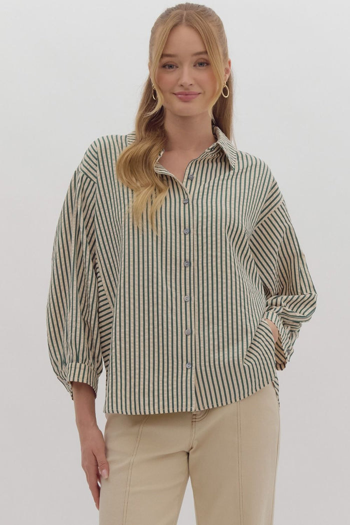 Stripe print textured 3/4 sleeve button down collared top