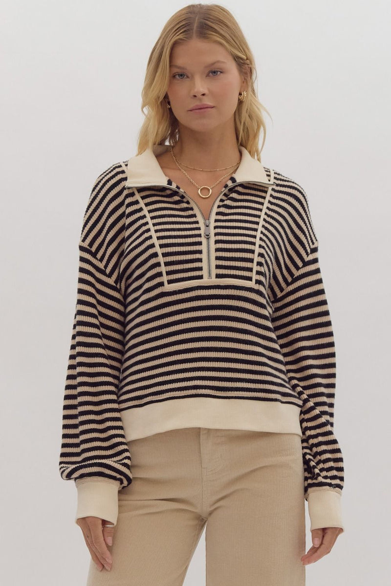 Stripe long sleeve half zip pullover top