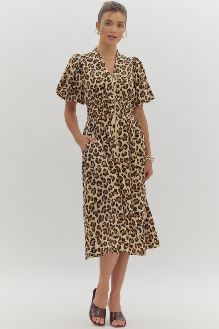 Leopard print short puff sleeve v neck midi dress