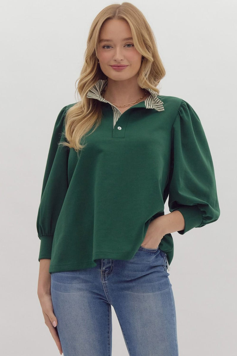 Solid ¾ balloon sleeve popover top