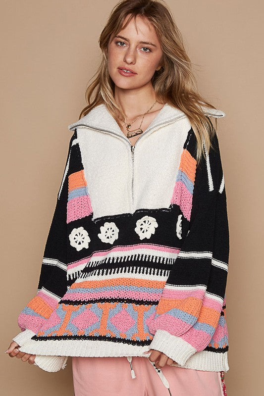 High collar half zipper ethnic color block sweater