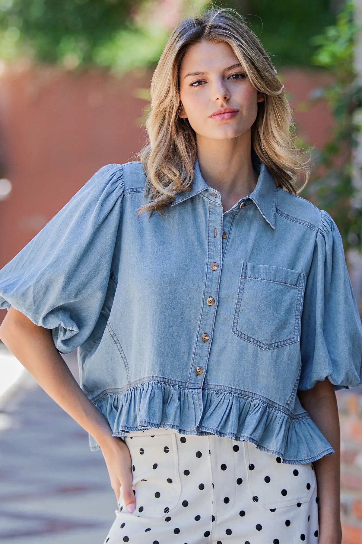 Denim Puff Sleeve Ruffle Hem Top