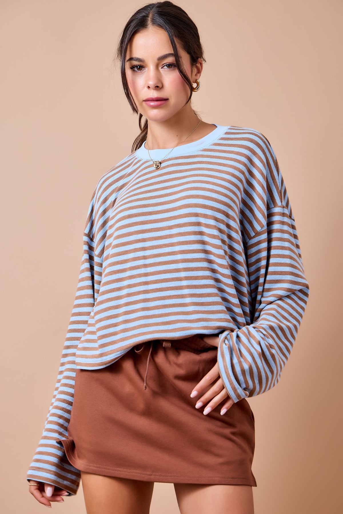 Striped Knit Top W/ Drop Shoulder & Contrast Neckline