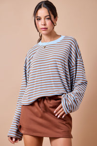 Striped Knit Top W/ Drop Shoulder & Contrast Neckline