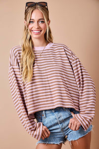 Striped Knit Top W/ Drop Shoulder & Contrast Neckline
