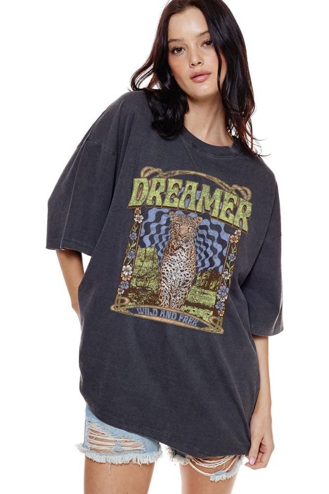 DREAMER WILD AND FREE LEOPARD GRAPHIC TEE BLACK