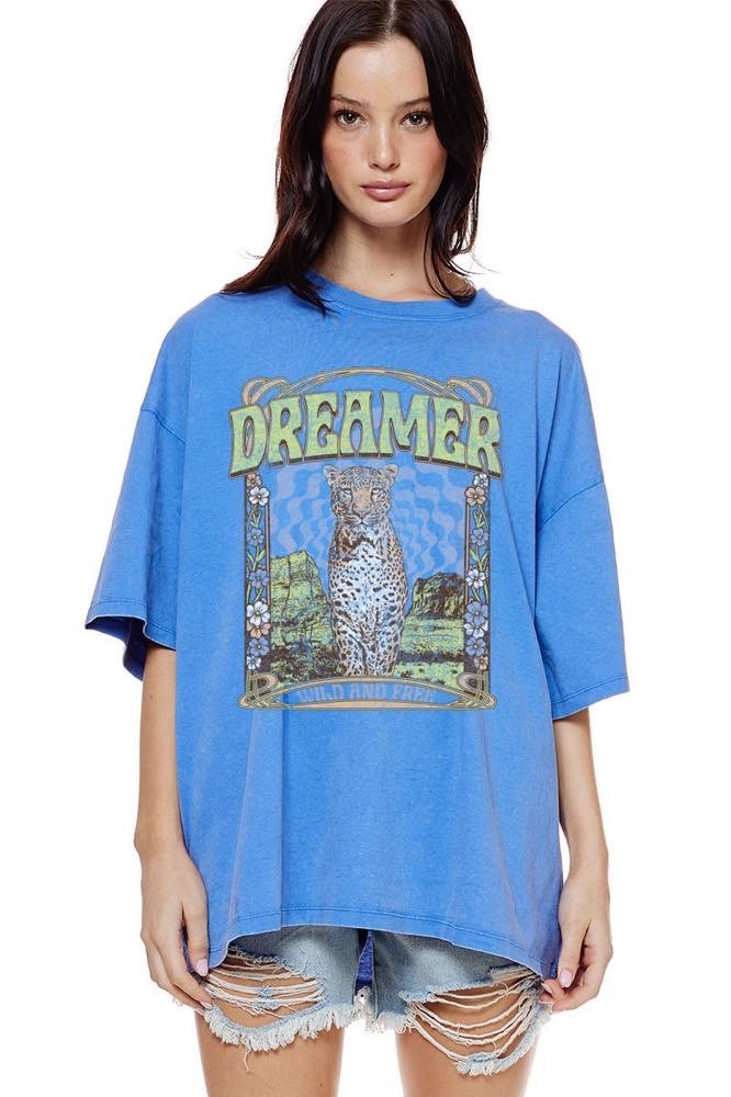 DREAMER WILD AND FREE LEOPARD GRAPHIC TEE COLBALT