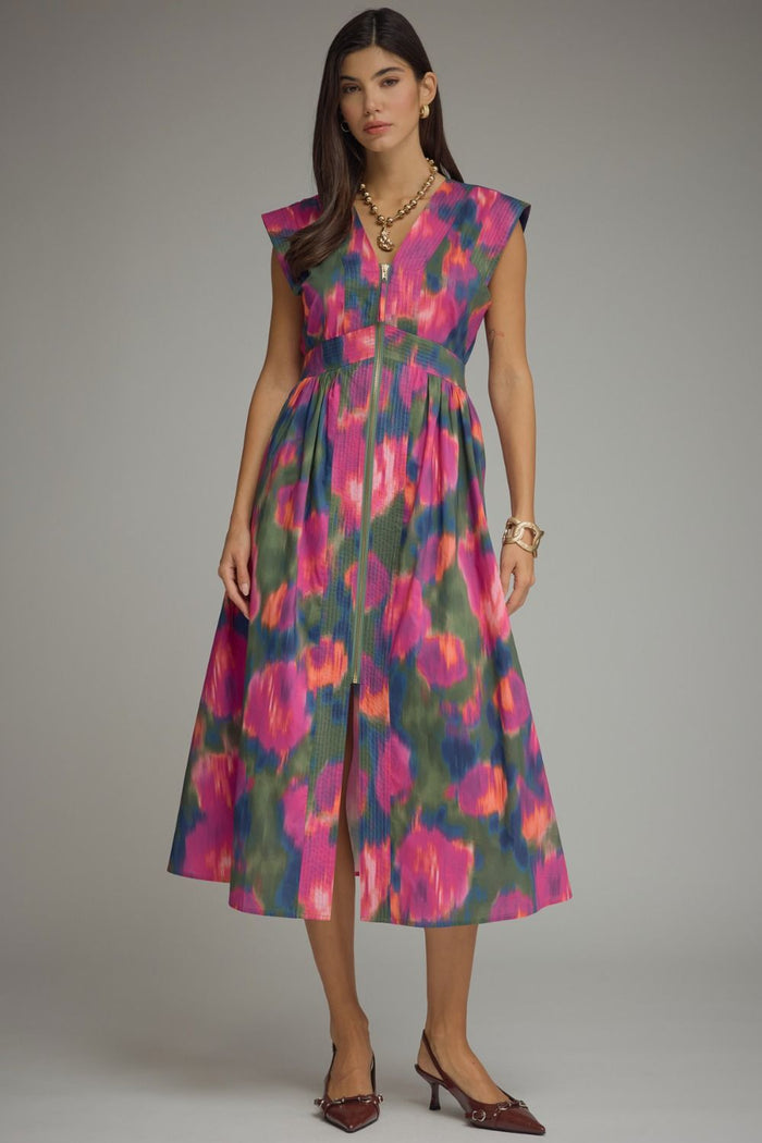 Printed cap sleeve midi dress featuring zipper closure at front