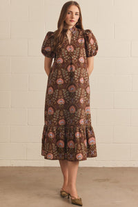 Floral print short puff sleeve midi dress