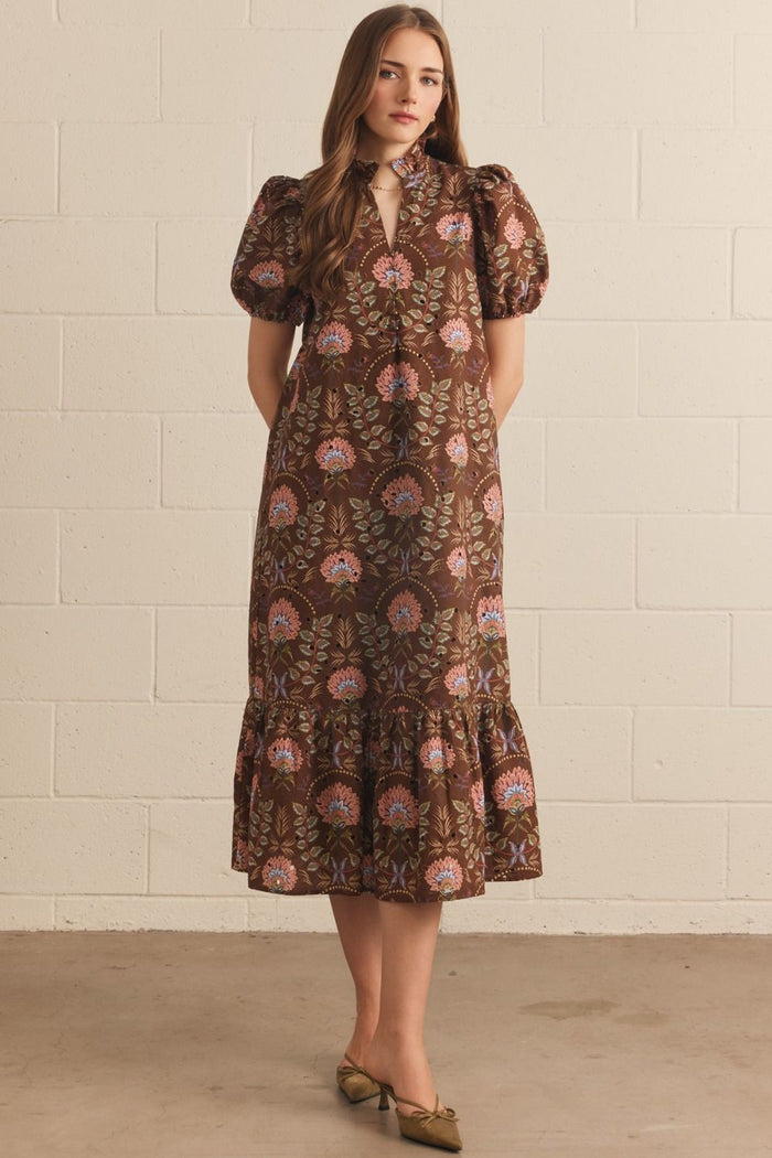 Floral print short puff sleeve midi dress