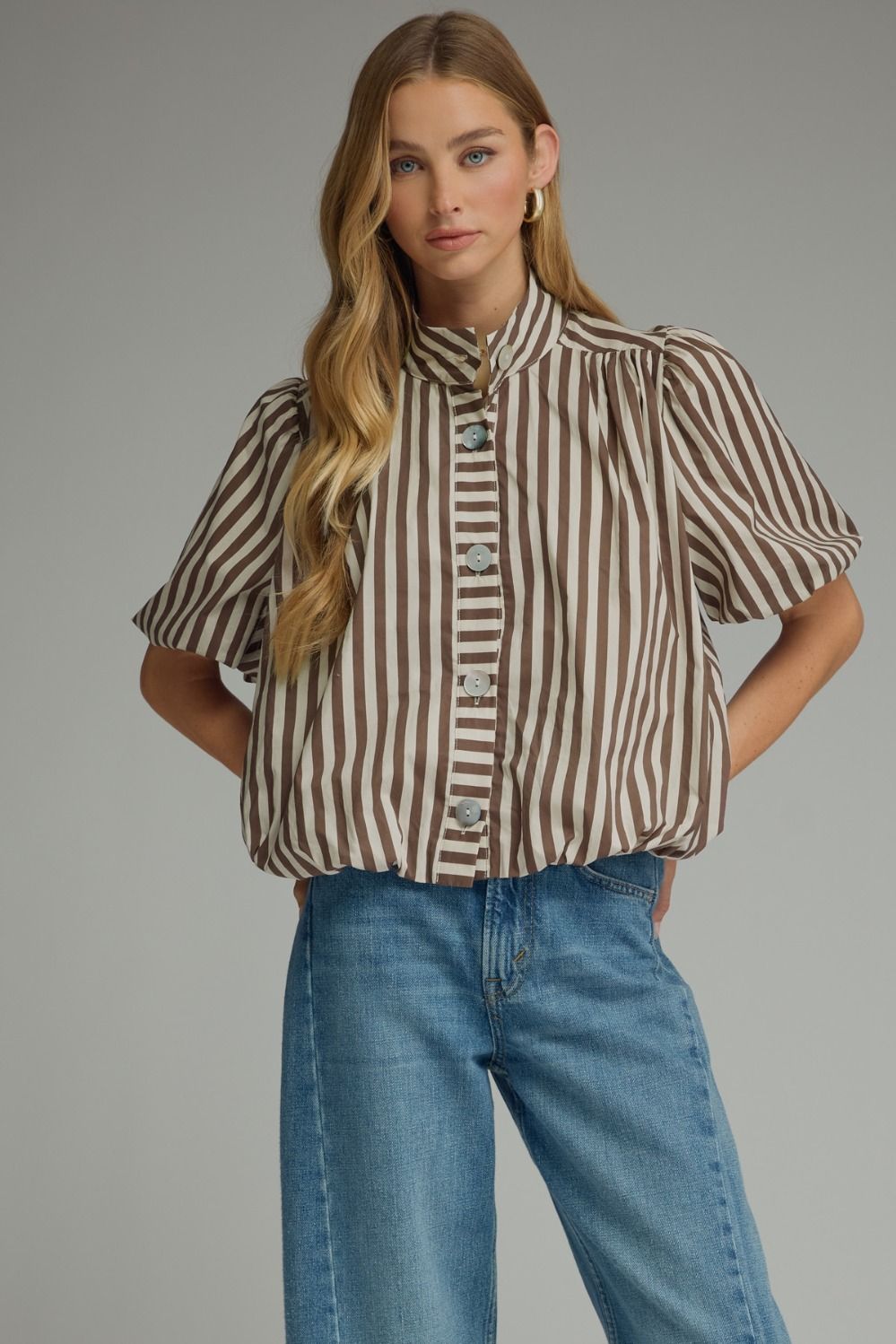 Stripe short puff sleeve top featuring a band neck