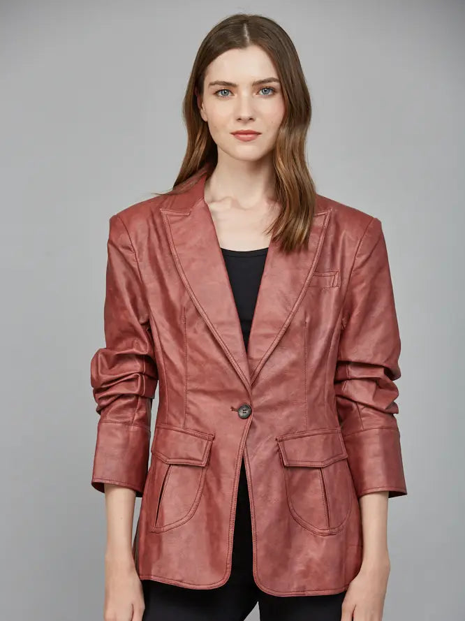 Flap Pocket Detail Scrunched Sleeve Faux Leather Blazer