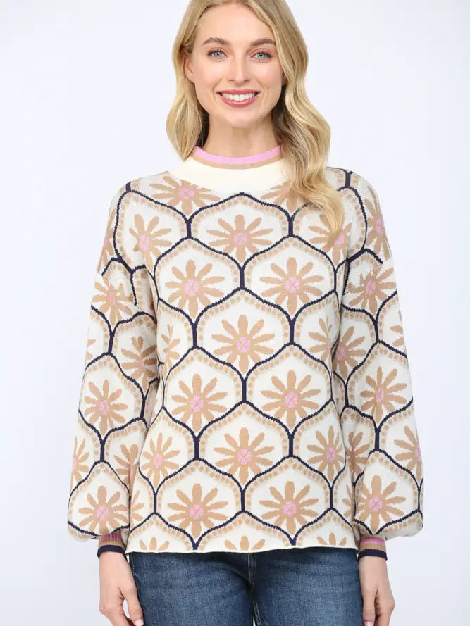 Geometric Floral Motif Mock Neck Sweater