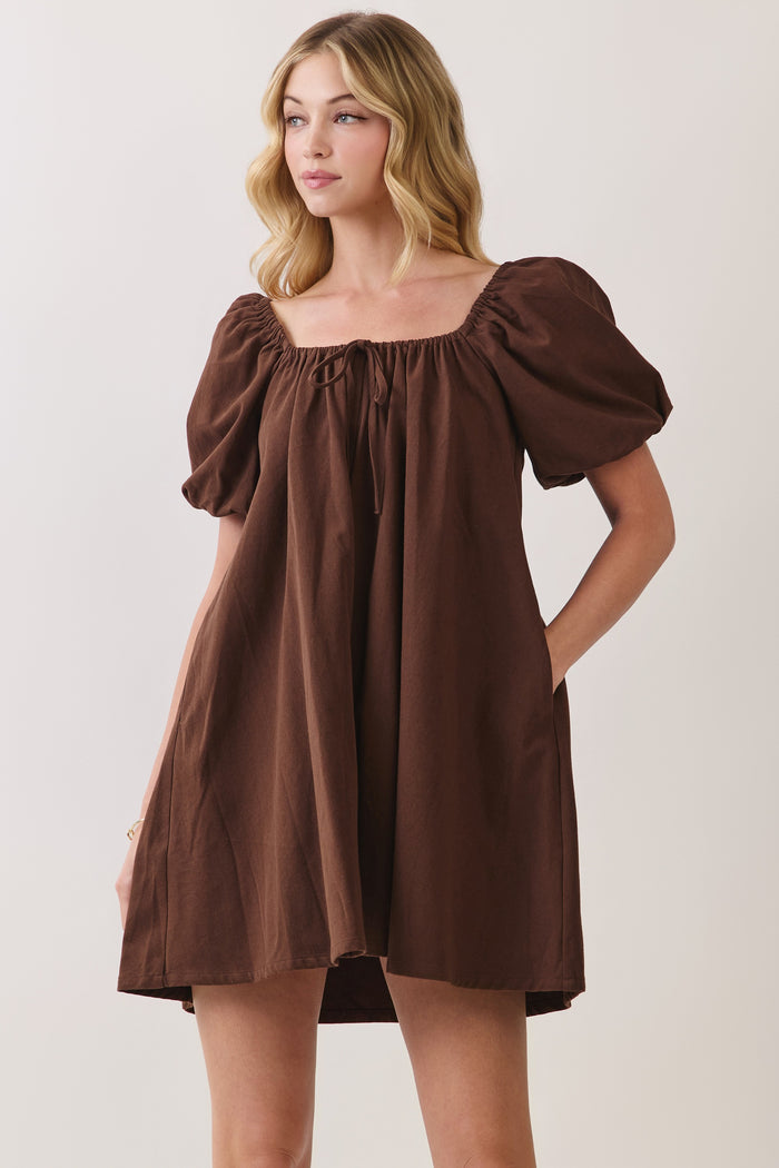 Scoop Neckline Puff Sleeve Babydoll Mini Dress