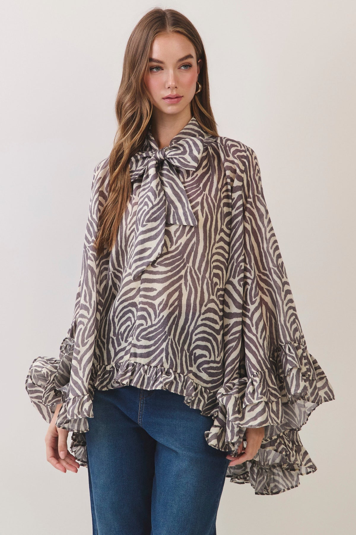 Zebra Print Ruffle Detail High Low Hem Blouse