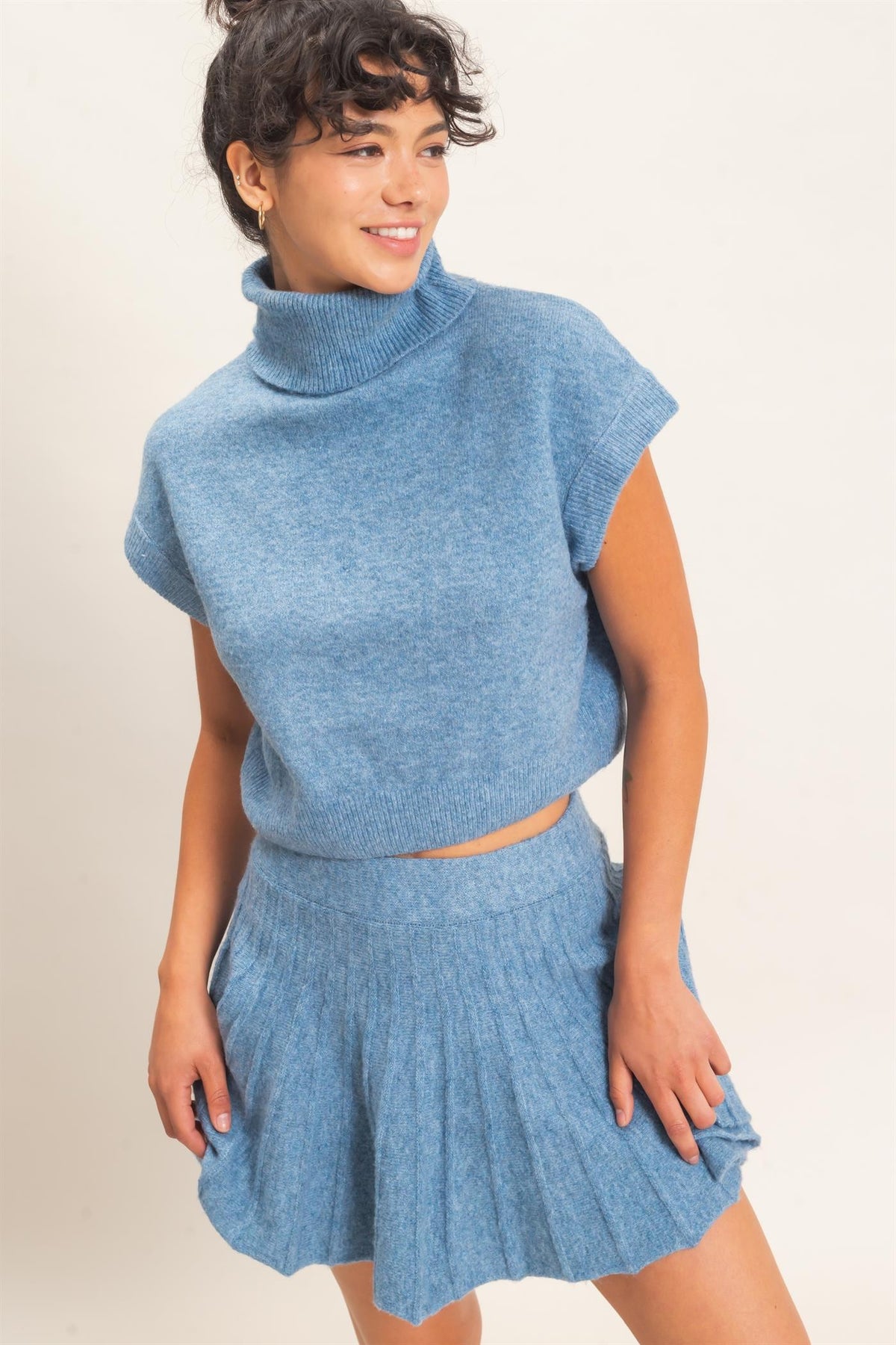 Turtleneck Crop Top And Pleated Skirt Set