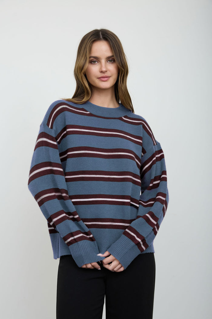 Multi-color Stripe Crew Neck Relaxed Knit Pullover