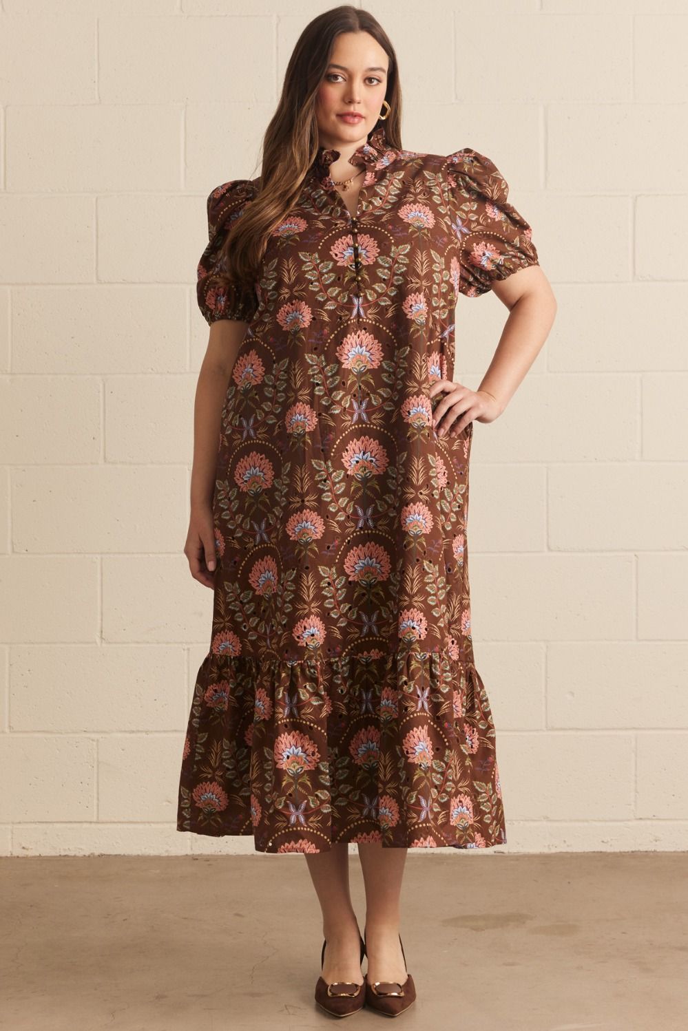 Floral print short puff sleeve midi dress