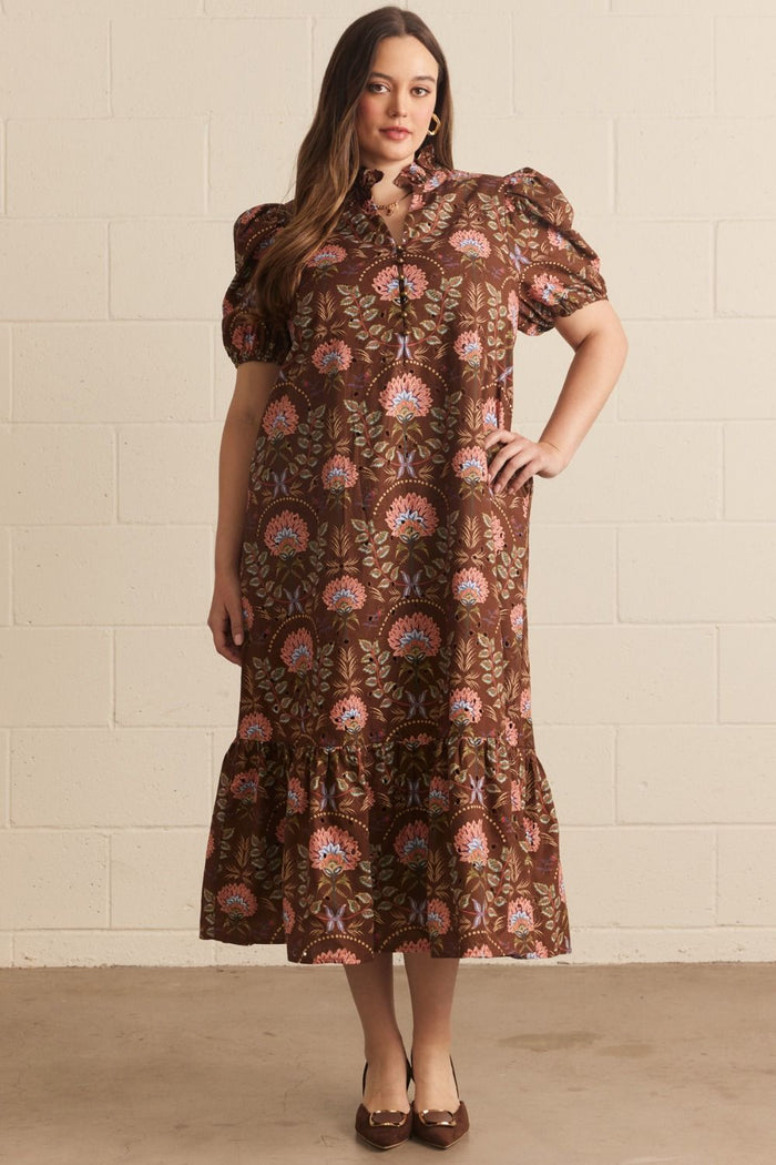 Floral print short puff sleeve midi dress