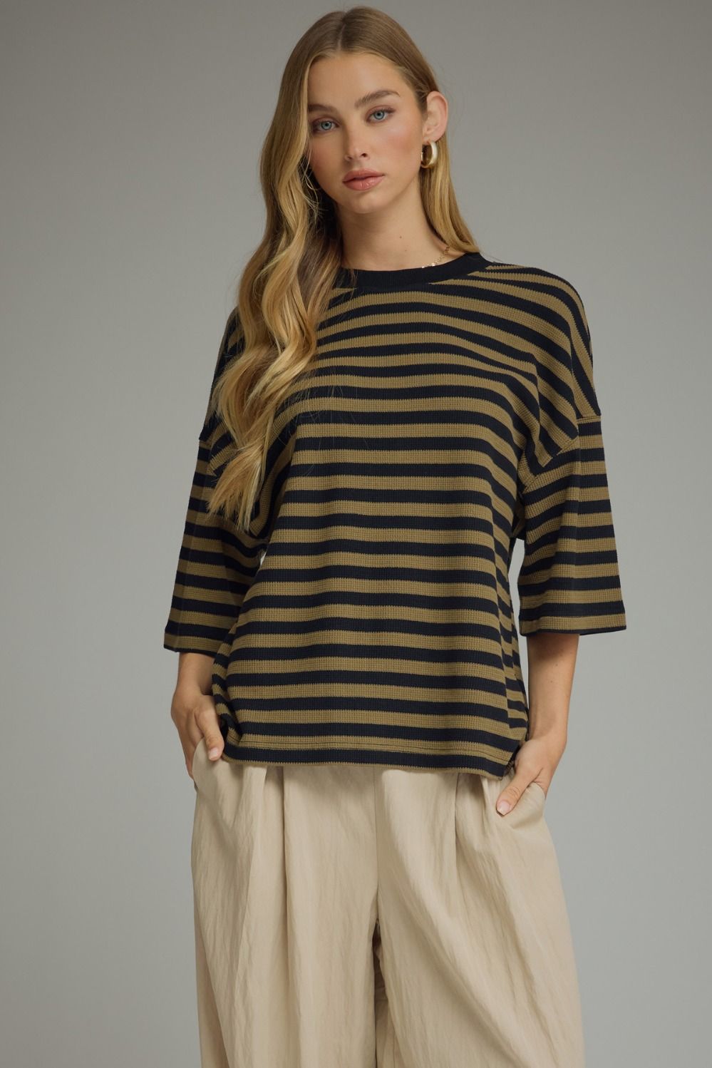 Striped short sleeve top featuring ribbed texture