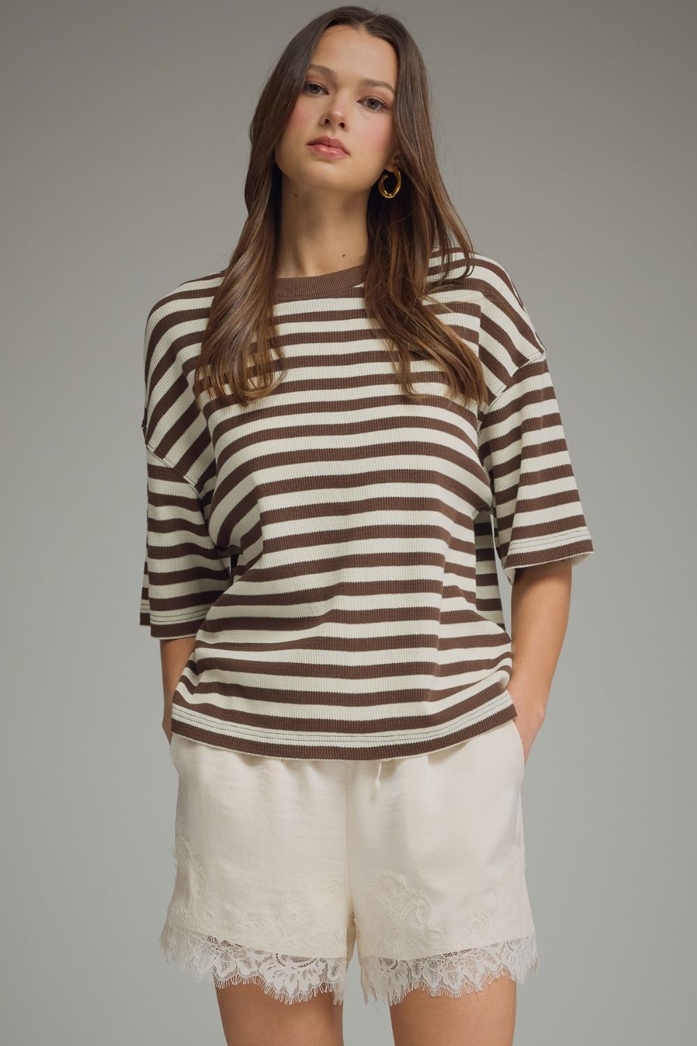 Striped short sleeve top featuring ribbed texture