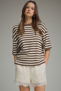 Striped short sleeve top featuring ribbed texture