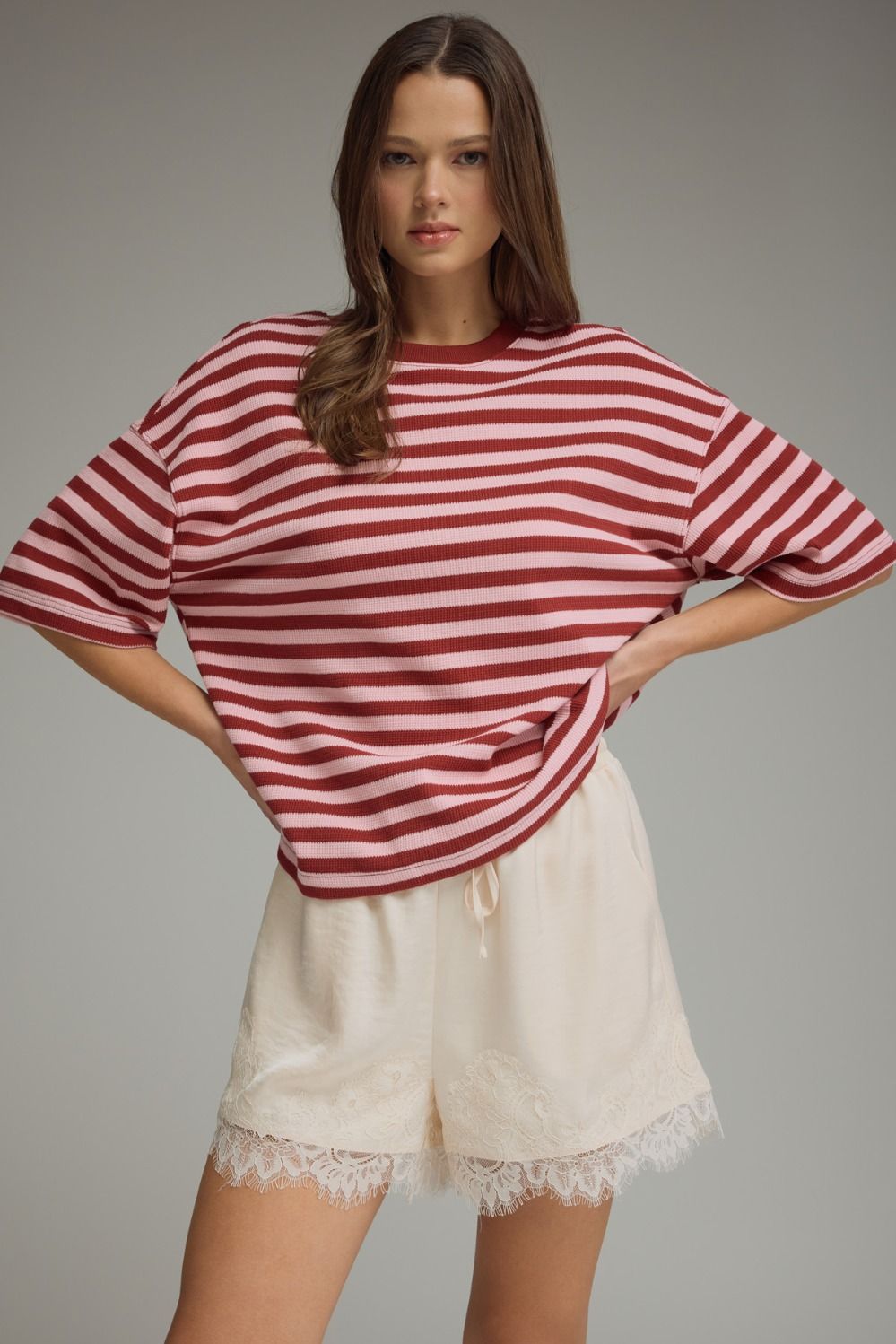Striped short sleeve top featuring ribbed texture