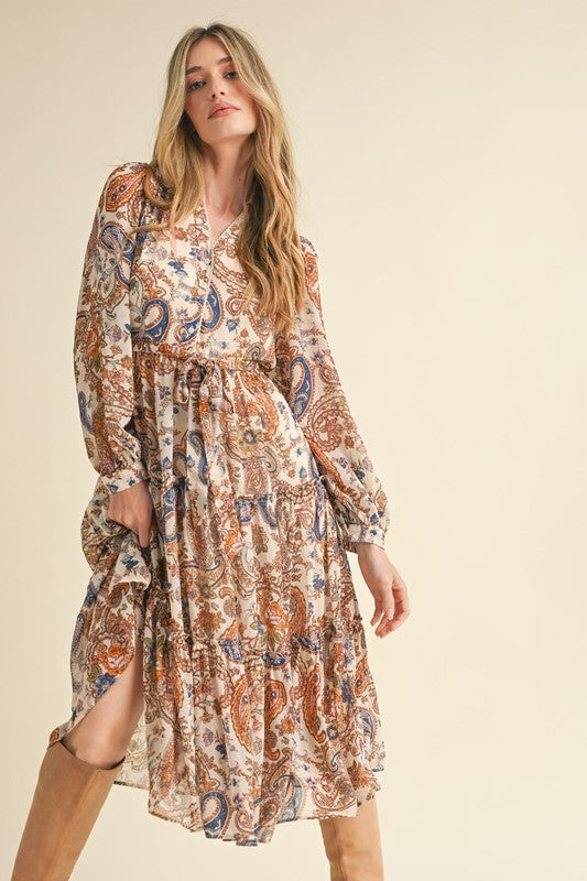 PAISLEY PRINT BUTTON DOWN MIDI DRESS