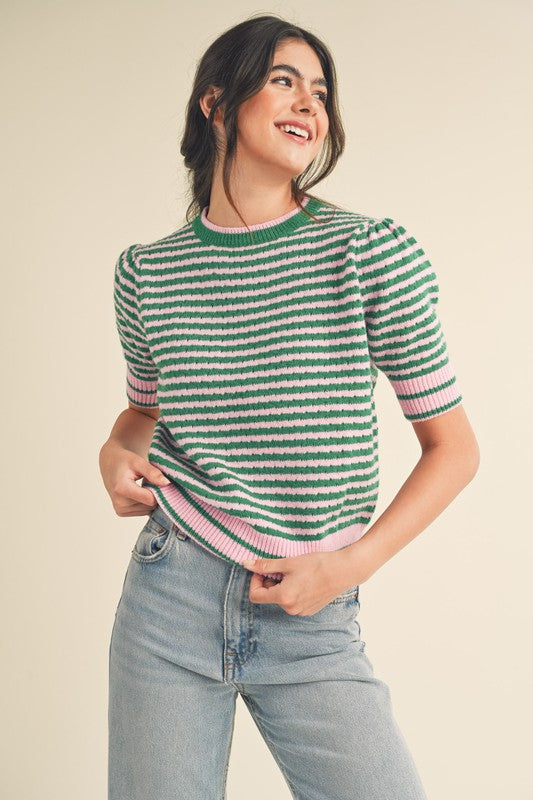 STRIPED POINTELLE PUFF SLEEVE SWEATER