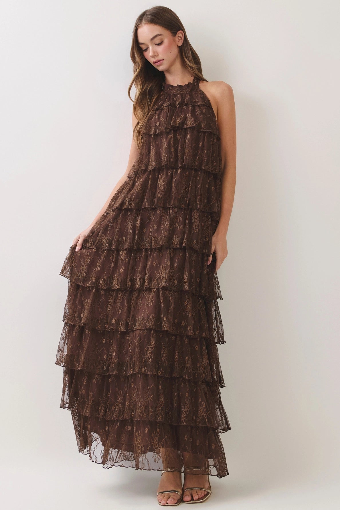 Lace Tiered Halter Maxi Dress