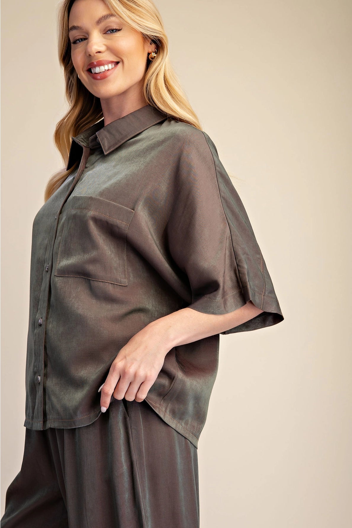 Button Down Flowy Shirt With Dolman Sleeve