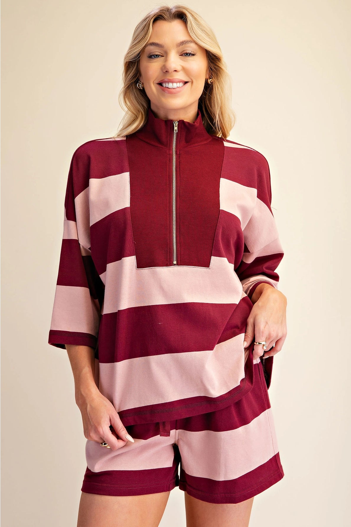 Front Zip Neck 3/4 Sleeve Pullover Stripe Short Set