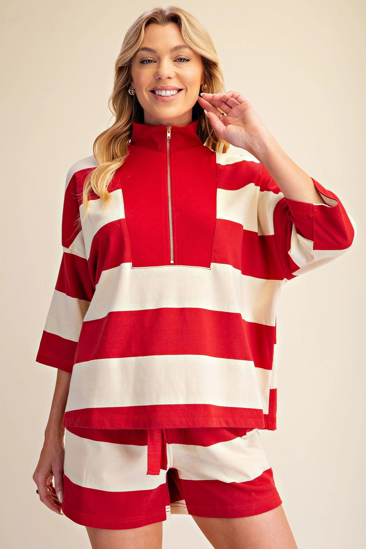 Front Zip Neck 3/4 Sleeve Pullover Stripe Short Set